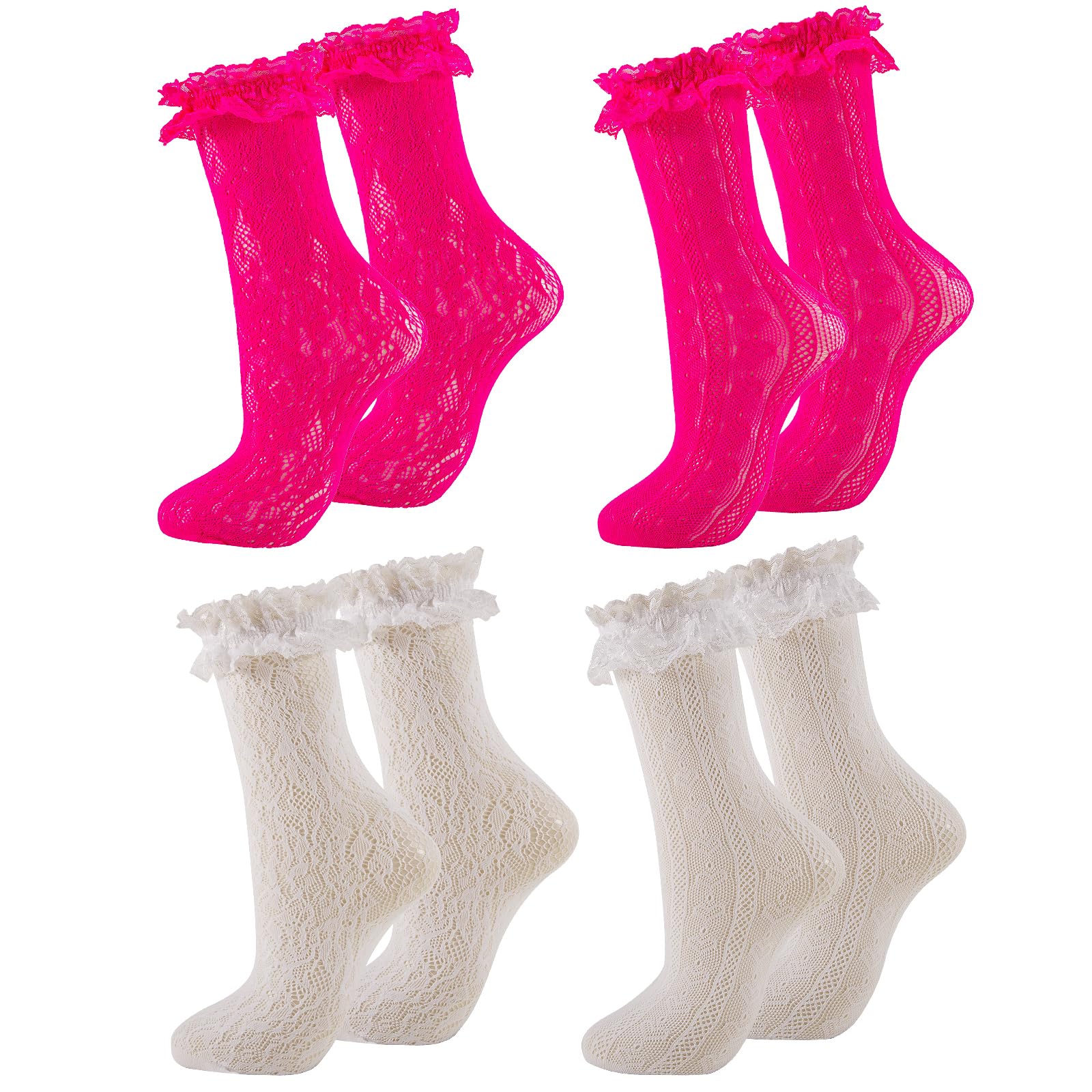 MKYSZLT Women White Lace Socks Hot Pink Ruffle
