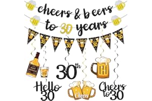 EIURTEAO Black Gold Dirty 30th Birthday Decorations for Him Men, Glitter Pre-Strung Cheers to 30 Years Banner Hello 30 Hanging Swirls Paper Triangle Flag Banner Decorations Bday Party Supplies Kit