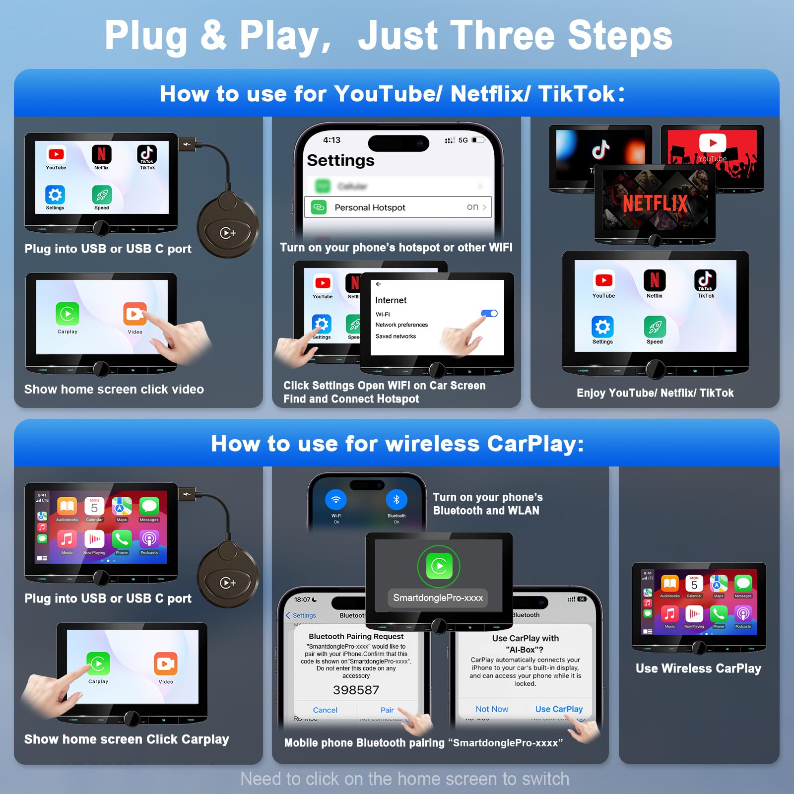 Wireless Carplay Adapter Built in YouTube Net-Flix,Carplay Wireless Magic Box for Wired Car Play to Wire-Less Support YouTube Net-Flix Tiktok Video Play,Easy Plug and Play_Golden