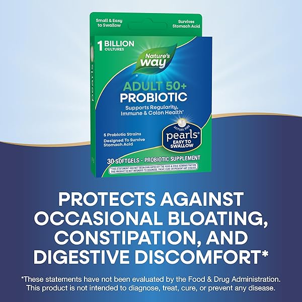 NATURE’S WAY PEARLS ADULT 50+ PROBIOTIC, PROBIOTICS FOR DIGESTIVE HEALTH* SUPPORTS REGULARITY, IMMUNE & COLON HEALTH*, 1 BILLION CULTURES, NO REFRIGERATION NEEDED, 30 SOFTGELS