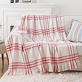 BATTILO Cream Plaid Throw Blanket for Couch Bed, Farmhouse Mohair Blankets Throws, Soft Cashmere Tartan Plaid Throws, Red Christmas Stripe Throw Blankets for Home Decor(50"x60")