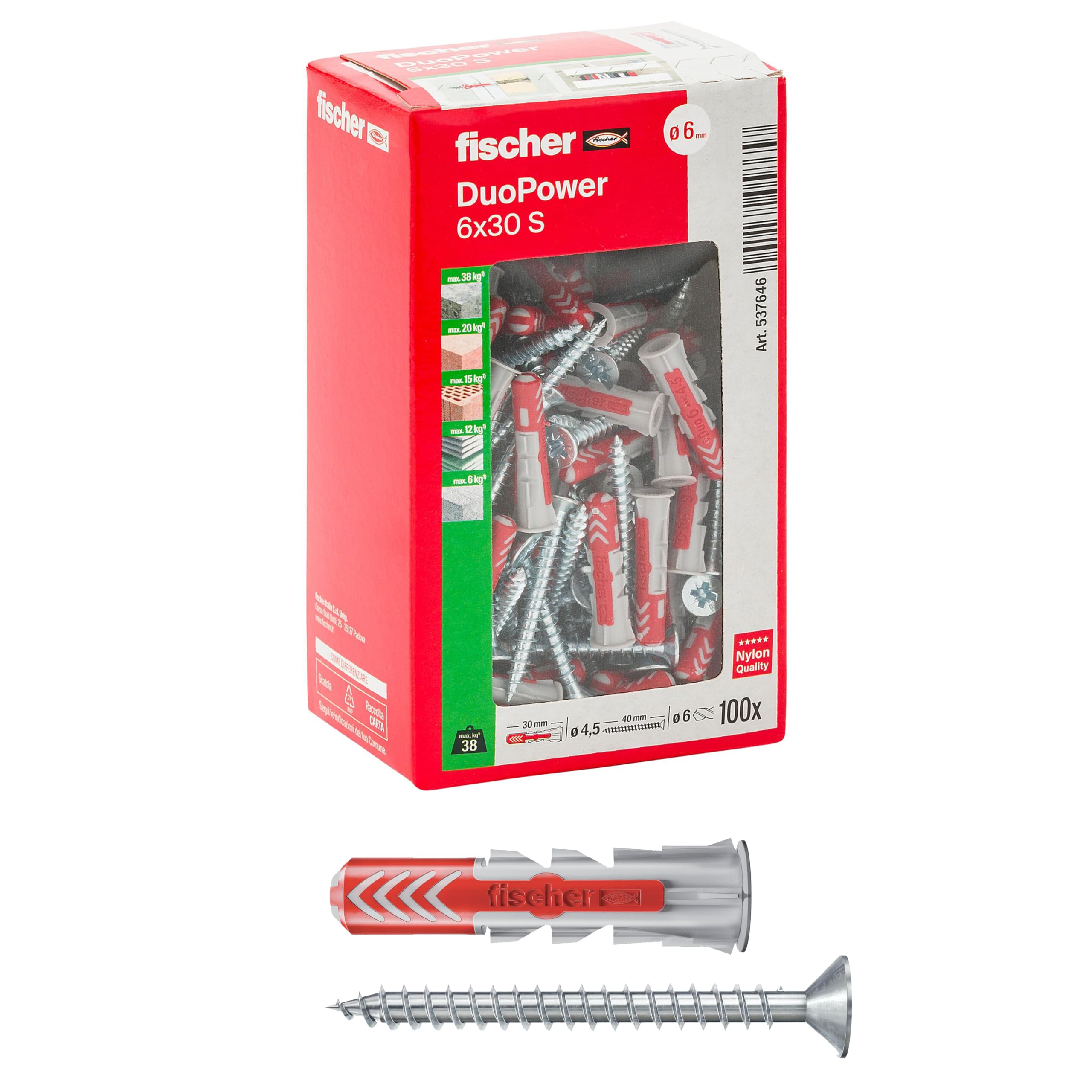 Fischer 100 x Duopower Dowels with Screw 6 x 40 mm for Solid Wall, Perforated Brick, Drywall, 537646, Grey/Red