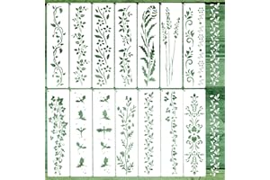 QUILAX 14Pcs Large Border Flower Stencils for Painting on Walls, Reusable Leaf Vine Wood Burning Stencils with Hoop, Drawing Background Templates DIY Craft Home Decor(11.8×3.15 inch)