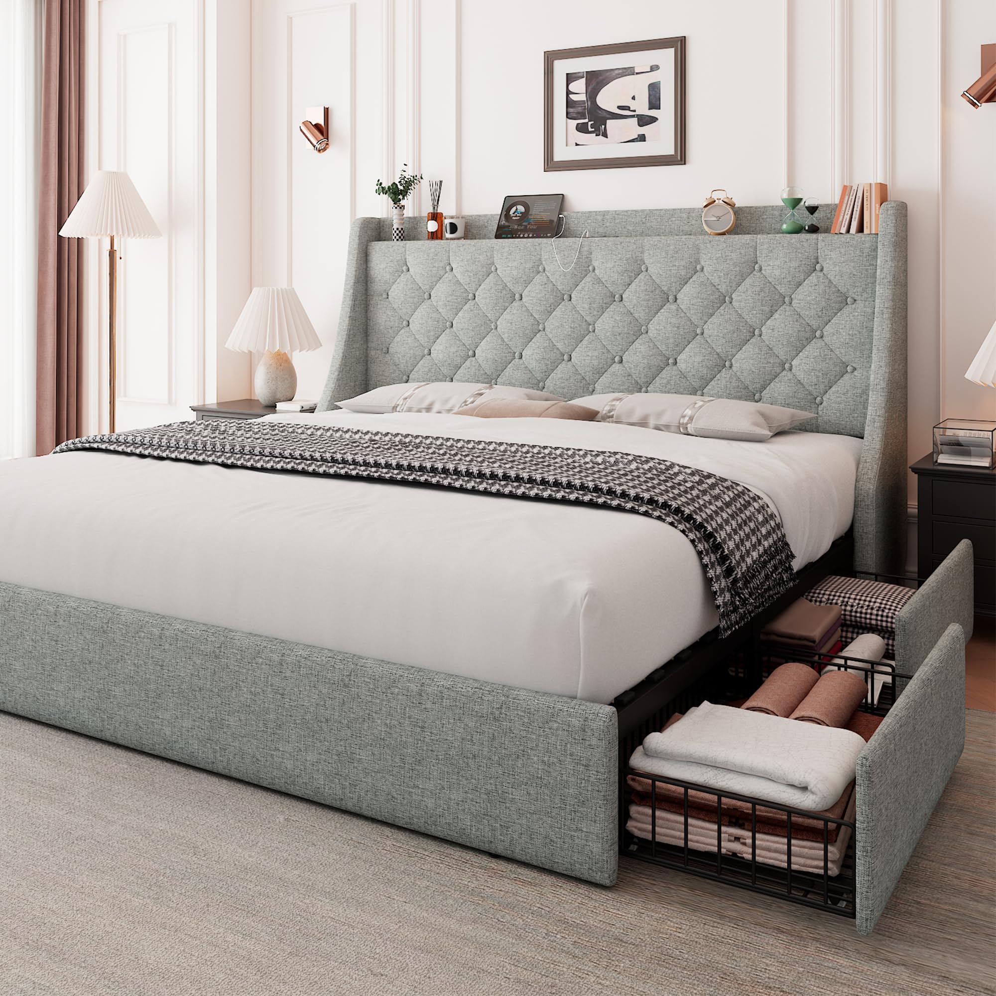 Photo 1 of Feonase Upholstered Full Size Bed Frame with 4 Storage Drawers, Charging Station and Tufted Wingback Storage Headboard, No Box Spring Needed, Easy Assembly, Light Grey