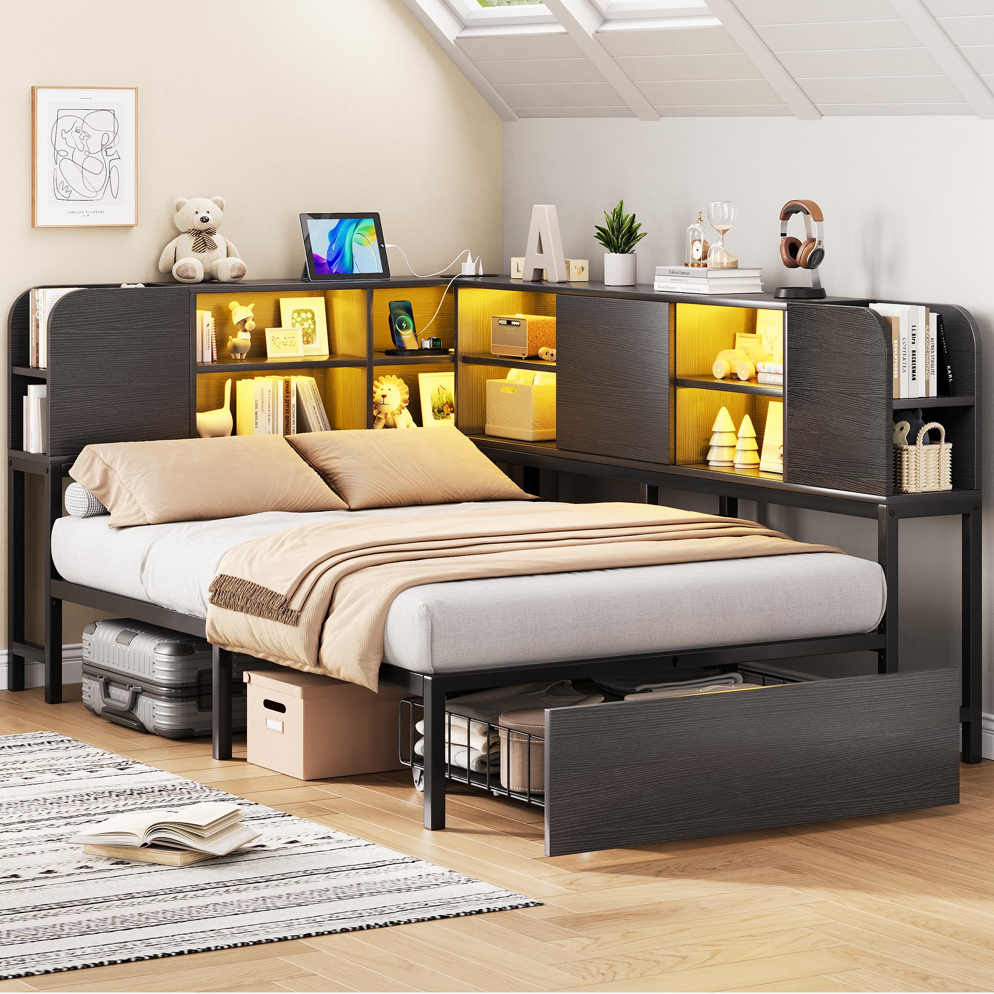 Photo 1 of ***NEW PRODUCT*** Corner Bed Frame with 2-Tier Bookcase Storage and LED Lights, Adjustable Shelves Corner Bed with Storage Drawers and Charging Station, Twin Daybed for Living Room, Bedroom & Guest Room, Black Twin
