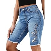 Flamingals Mid Waist Denim Bermuda Trendy Shorts for Women | Wash Stitch Detail Summer Casual Keen Length Jean Shorts