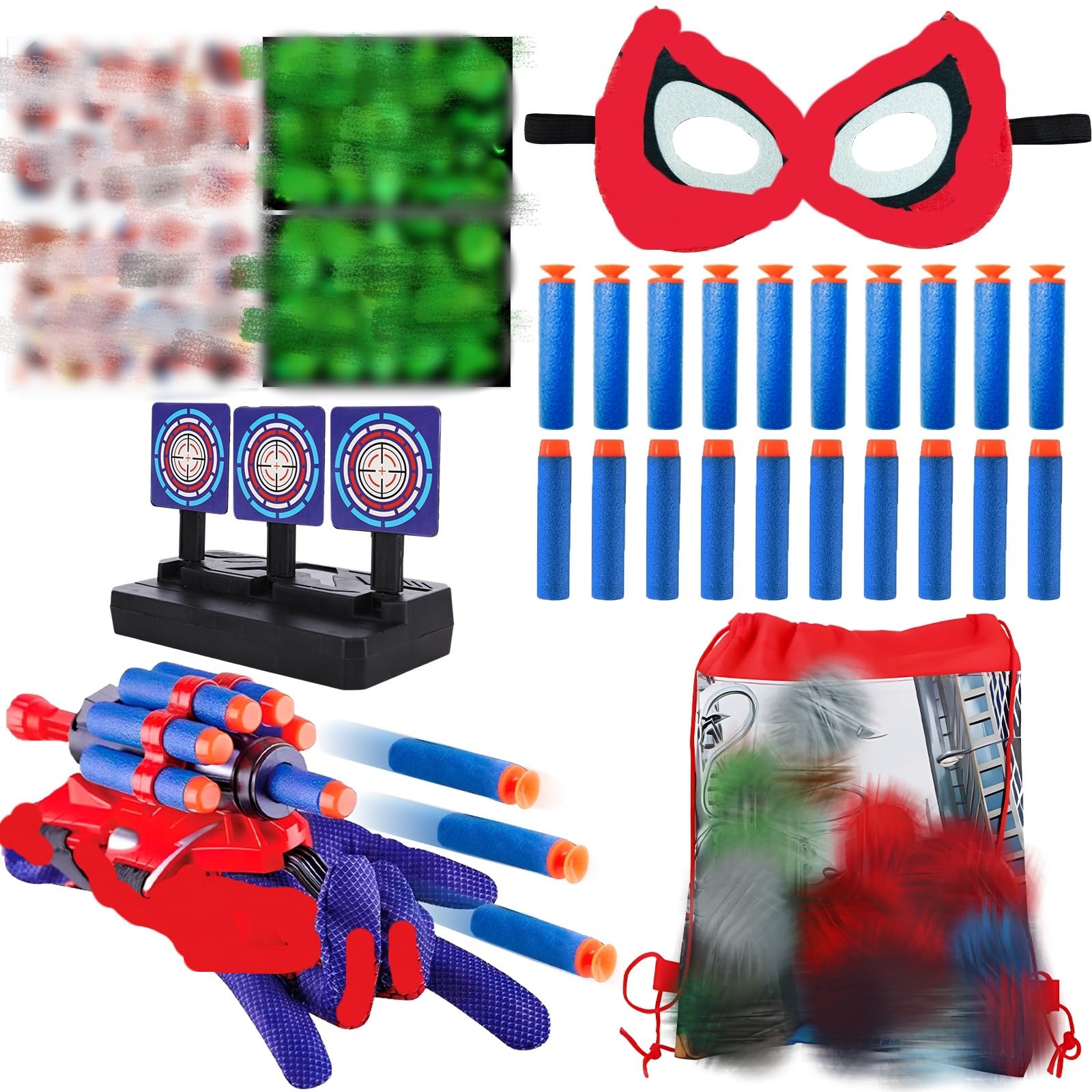 Web Shooter, 34 Stück Web Shooters for Kids Gloves Eye Mask Launcher Toys Target Bullets Luminous Tattoos Drawstring Bag Interactive Fun Christmas Carnival Cosplay Gift for Boy Kids age 3-14