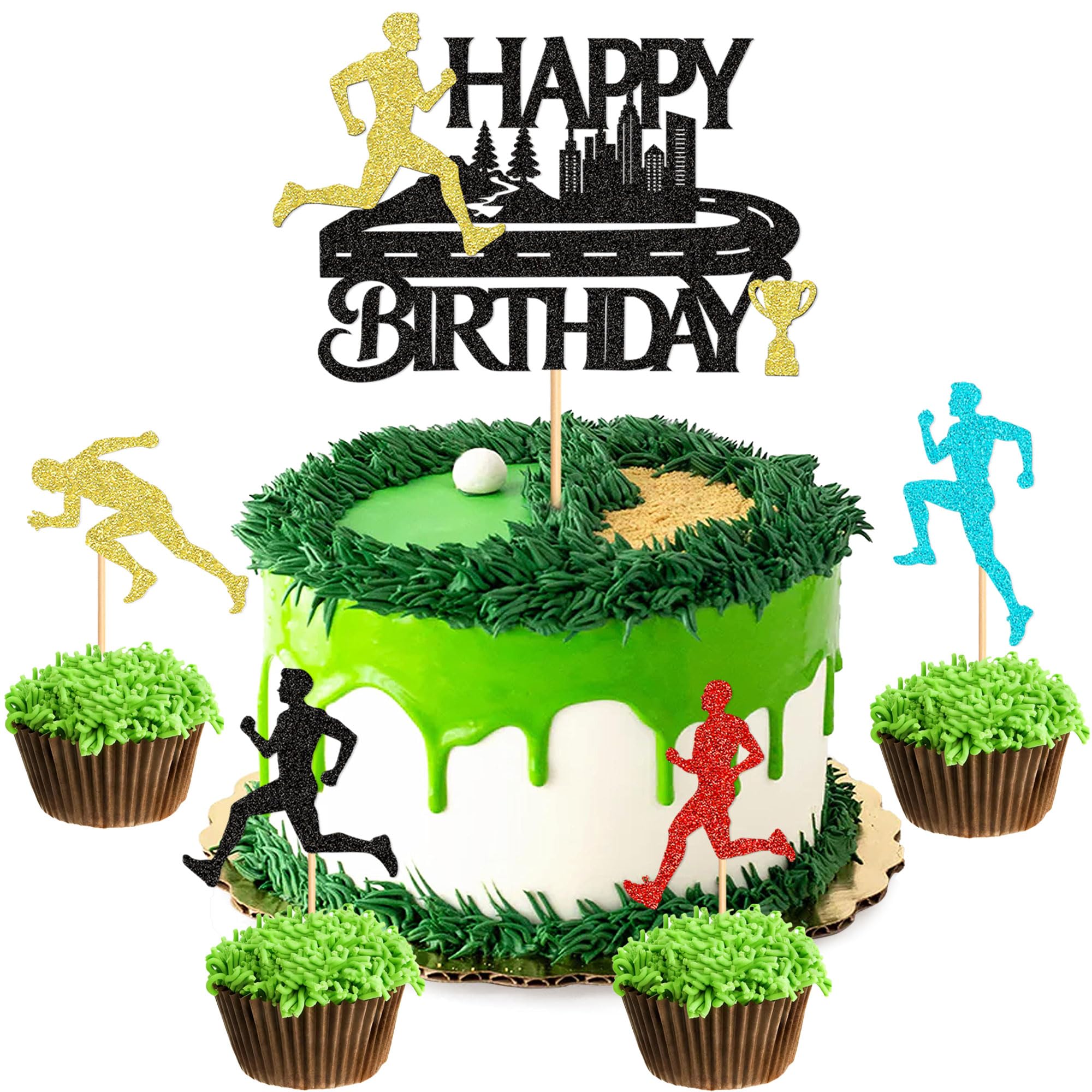 Blumomon 25Pcs City Running Happy Birthday Cake Topper Colored Runner Cupcake Toppers Marathon Theme Cupcake Toppers Running Enthusiastaby Birthday Sports Theme Party Cake Decoration