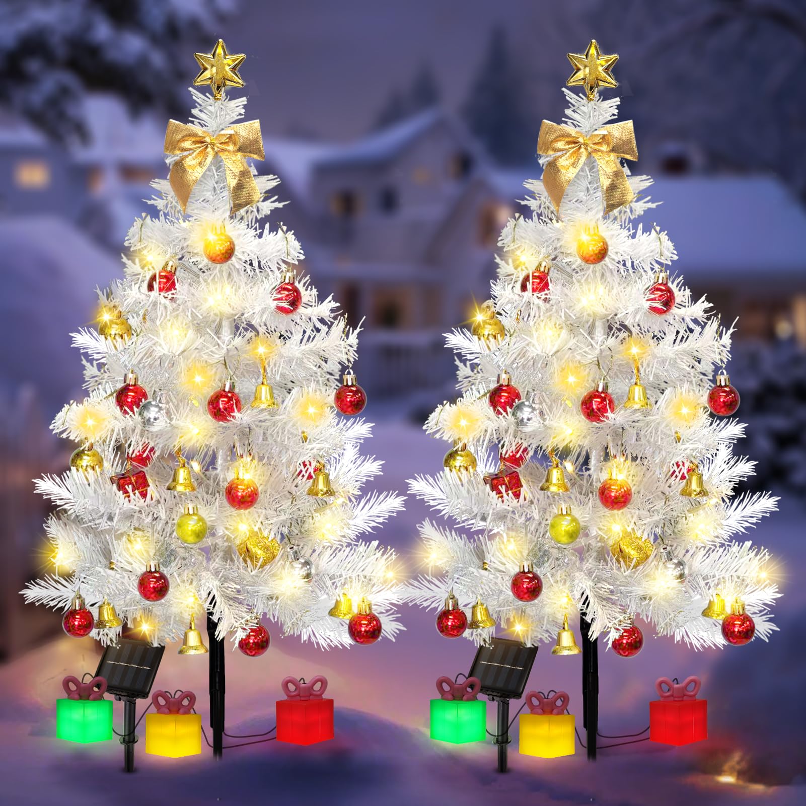 Photo 1 of 2 Pack Solar Mini Christmas Tree Decorations Lights, 30 Inch 8 Flashing Modes Waterproof Xmas Decor, 60 LED Lights with Ornaments 6 Lighted Gift Boxes for Porch Pathway Yard Garden (White Tree)