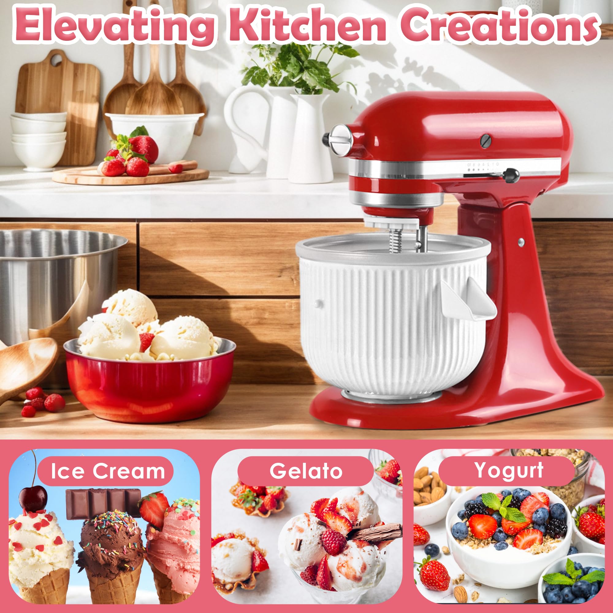 Ice Cream Maker Attachment for Kitchenaid Stand Mixer - Compatible with 4.5 Qt and Larger Stand Mixers - 2 Quart Frozen Yogurt - Ice Cream & Sorbet Gelato Maker
