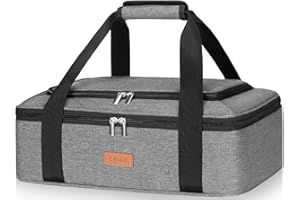LHZK Double Decker Insulated Casserole Carrier for Hot or Cold Food, Expandable Hot Food Carrier, Lasagna Holder Tote for Potluck Parties, Picnic, Beach, Fits 11 x 15 or 9 x 13 Baking Dish (Grey)
