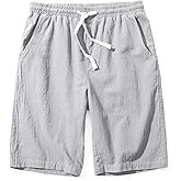 SIR7 Men's Linen Casual Classic Fit 11 Inch Inseam Elastic Waist Shorts with Drawstring