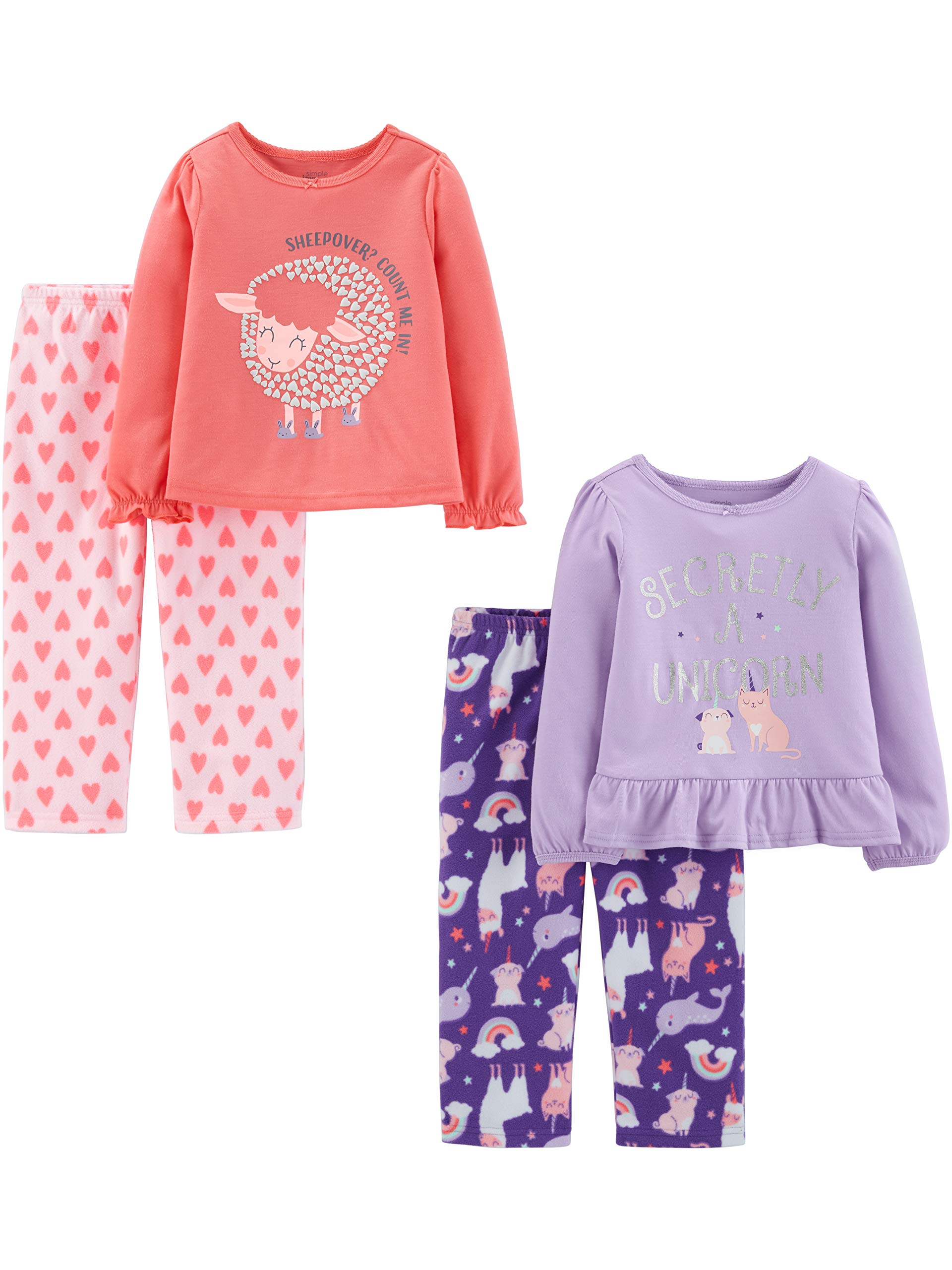 Photo 1 of Simple Joys by Carter's Girls' 4-Piece Pajama Set (Cotton Top & Fleece Bottom), Hearts/Sheep/Text Print/Unicorn, 2T