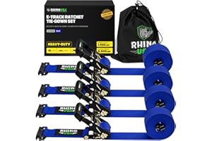 Rhino USA E Track Ratchet Tie Down Straps (4,500lb Break Strength) - Includes (4) Premium 2" x 16' eTrack Tie Downs - Ultimate Heavy Duty eTrack Cargo Strap System for Trailer, Truck, Motorcycle
