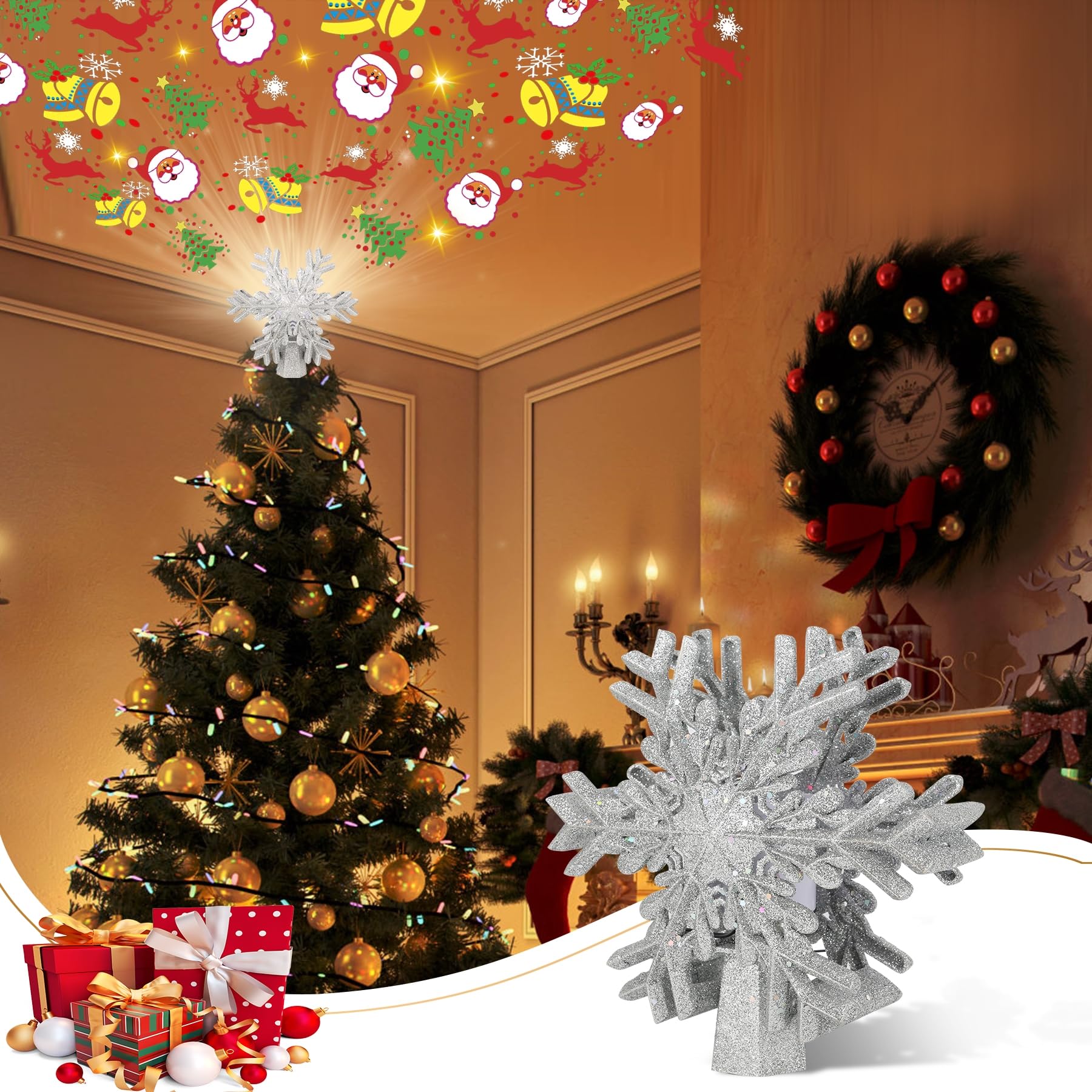 iLitLuk Snowflake Christmas Tree Topper Lighted with Built-in Rotating LED Projector Glittered Snowflake Snow Treetop Projection Night Light for Christmas Tree Decor Home Office New Year Party