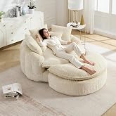 Oversized Round Boneless Chenille Lounge Chair with Ottoman, Deep Seat | Boneless flexible structure，Soft fluffy chenille fabric，Matching ottoman included，Oversized round deep seat