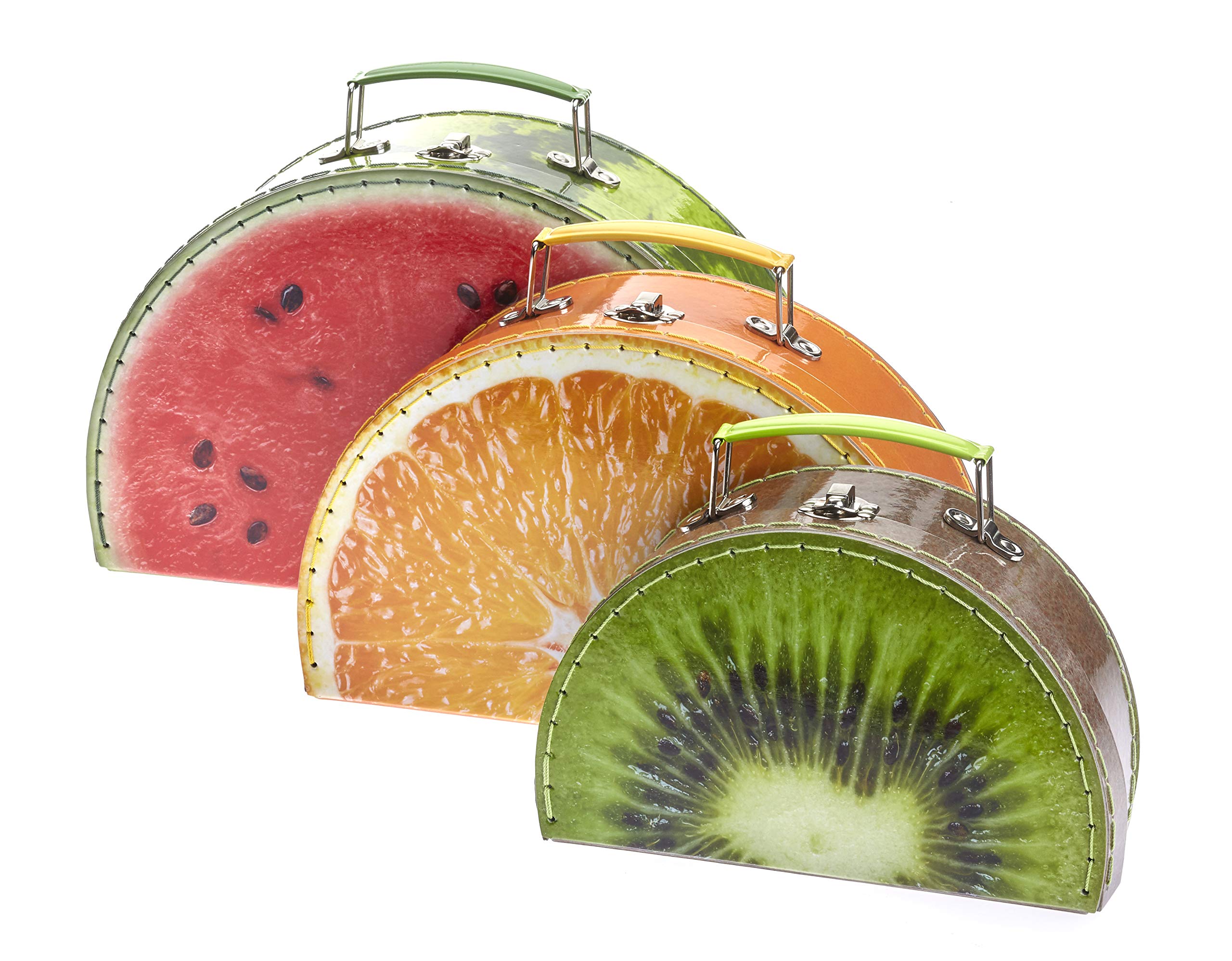 TURBO PRODUKTE Children's Suitcase Set - Play Case for Girls and Boys Round with Fruit Motif Melon, Orange, Kiwi - Ideal for Travel and Tidy in the Children's Room 3 pieces
