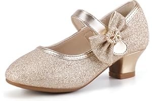 PANDANINJIA Christy Girls Heels Dress Shoes Mary Jane Rhinestone Bows Pumps Low Heel Princess Flower Wedding Party for Toddler Little Kid