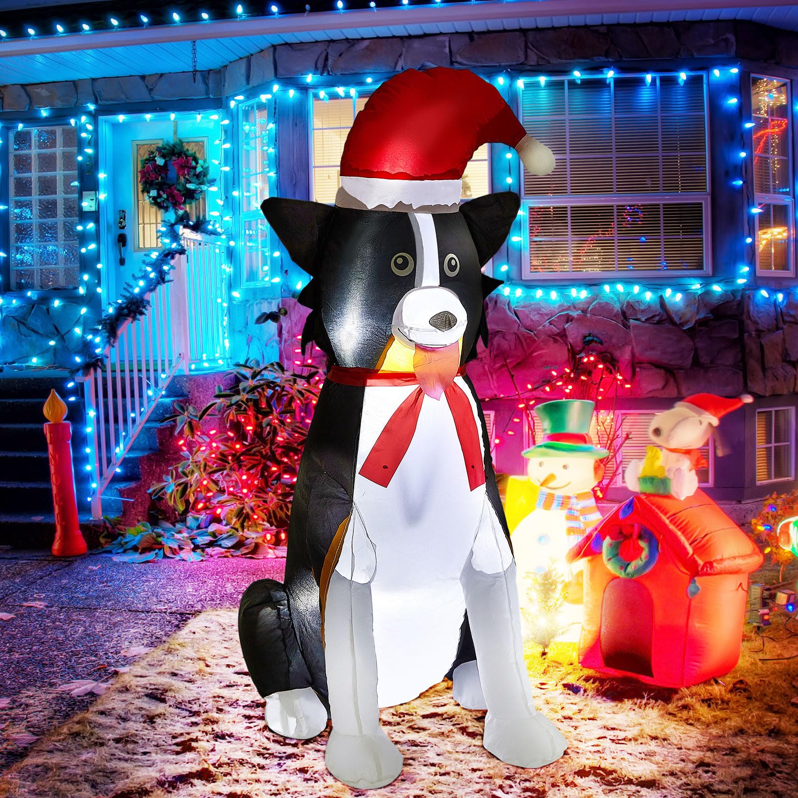 Photo 1 of Shappy 3.5 ft Border Collie Christmas Inflatable Dog LED Lighted Dog Holiday Outdoor Inflatable Decoration Christmas Dog Decor in Santa Hat Cute Red and White Scarf for Birthday Farm Themed Party