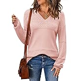 Zeagoo Womens 2026 Fall Sweaters Casual Long Sleeve Ribbed Knit Pullover V Neck Lightweight Crochet Pullover Sweater Top
