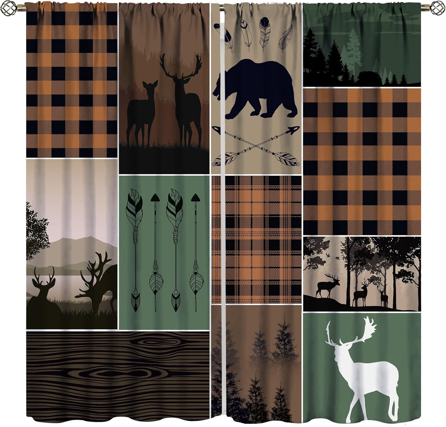 Outdoor Curtains - Rustic Cabin Curtains & Drapes, Hunting Bear Deer Curtains for Kids Teens Adult,Farmhouse Moose Blackout Curtains Vintage Plaid Tree Growth Ring Window Curtains for Bedroom Decor 21x63in,2 Panel Set