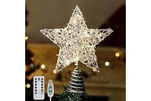 Roylvan Christmas Star Tree Topper with 8 Lighting Modes, USB Christmas Star Treetop with Timer Decorative Light with Silver Strip, 20 LED Light Xmas Tree Top Decor for Home Indoor Outdoor, Silver