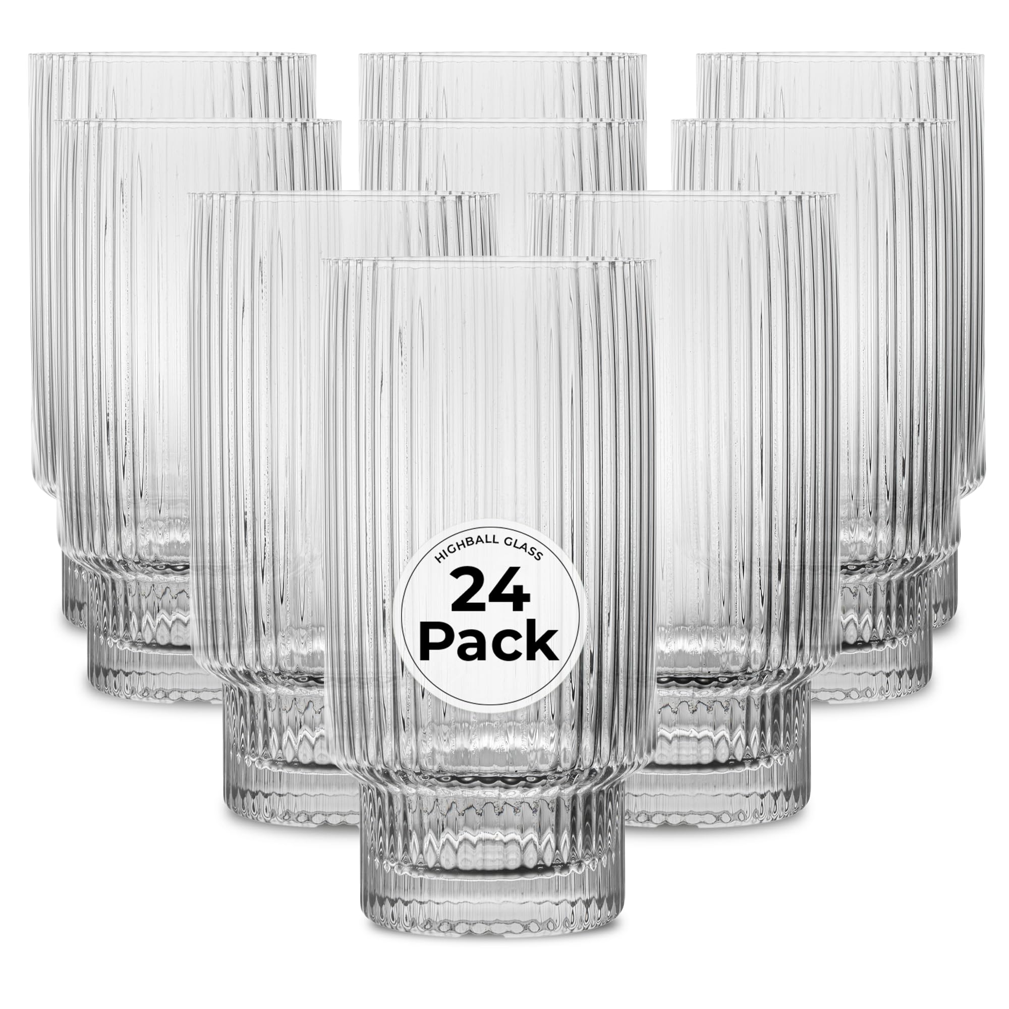 Restaurantware-Vetri 10 Ounce Highball Glasses, 24 Ribbed Drinking Glasses – No-Lead, Dishwashable, Clear Glass Tumblers For Scotch, For Drinking Liquor, Cocktail, Bourbon, Cognac, And More