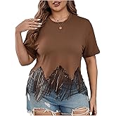 SHENHE Women's Plus Size Fringe Top Sequin Tassel Short Sleeve Summer Tee Shirt Rave Crop Tops