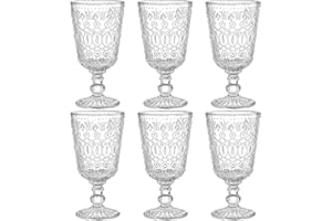 SOUJOY Set of 6 Vintage Wine Glasses, 10oz Clear Glass Goblet, Handmade Pressed Water Drinking Cup with Stem for Party, Weddi