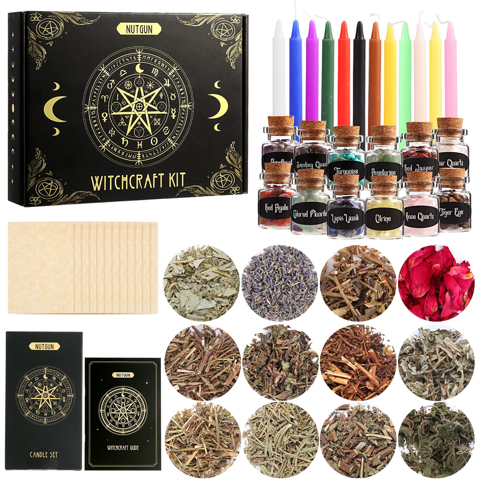 Nutgun Witchcraft Supplies Kit 49 PCS, Wiccan Supplies and Tools Including Witchcraft Herbs, Spell Candles, Crystals, Guidebook for Witchcraft, Witch Altar Spell Starter Kit, Witchy Gifts for Women