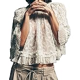 Women Boho Flowy Lace Blouse Long Sleeve Crew Neck See Through Ruffle Sheer Tops