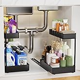Creahaus 2 Pack Under Sink Organizer with Metal Slides, 2-Tier Kitchen Bathroom Organizers and Storage, Pull Out Cabinet Organizer for Bathroom Sink, Kitchen Sink Organizer