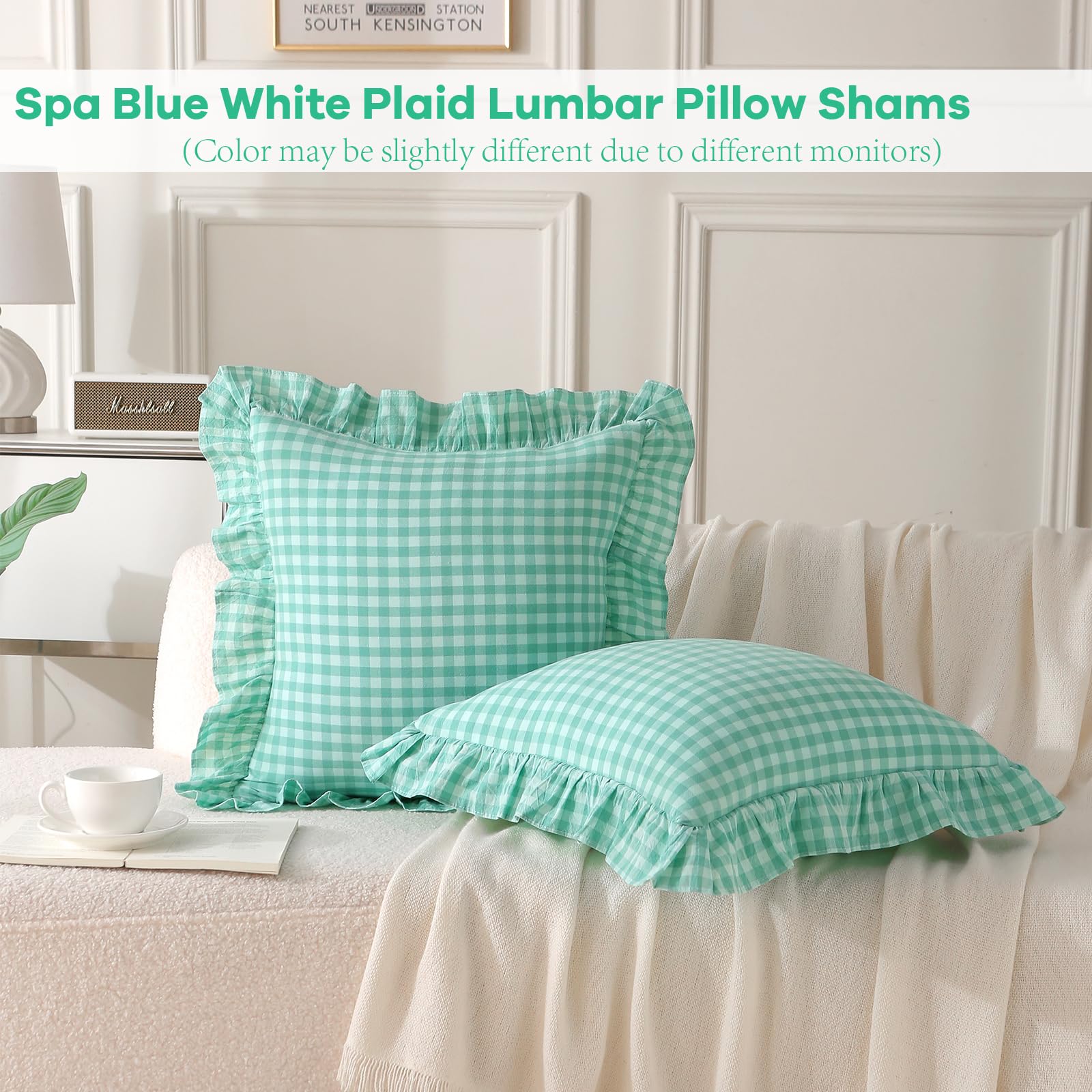 Condition photo showing New/Like New for k masaniji 2 pack spa blue white plaid ruffle gingham throw pillow covers, 100% washed cotton yarn-d