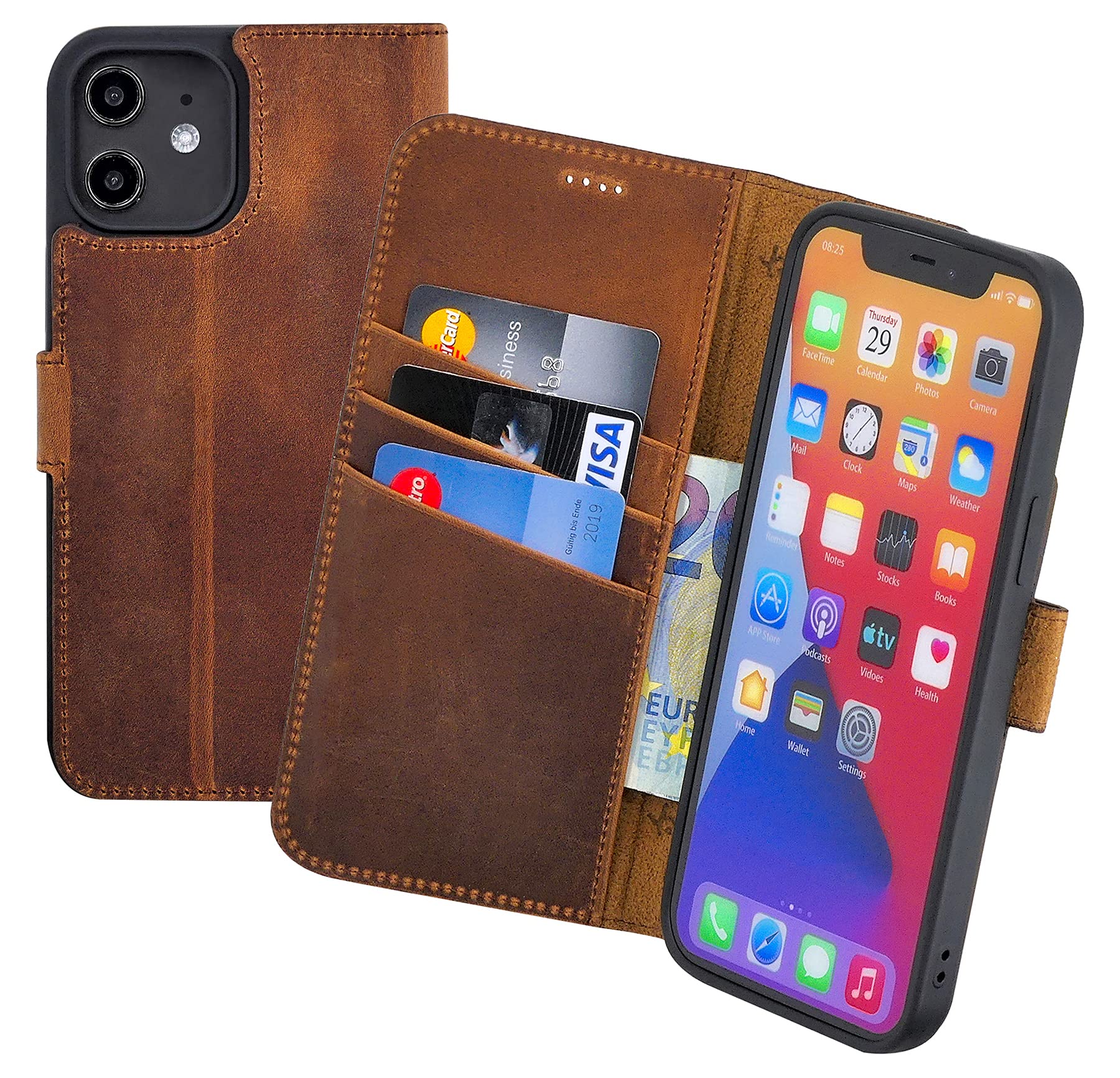 Book-style case compatible with iPhone 12 (6.1") leather case (slim-fit) leather case cell phone case protective case with 3 card slots in antique coffee