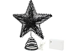 CVHOMEDECO. Tree Top Star with Warm White LED Lights and Timer for Christmas Ornaments and Holiday Seasonal Décor, 8-Inch (Black)