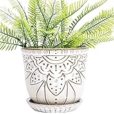 VanEnjoy 5.9 inch Round Bohemian Style Ceramic Planter, Geometry Engrave Off White Brown Planter Flower Pot, Indoor Outdoor Decorative Planter