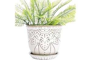 VanEnjoy 5.9 inch Round Bohemian Style Ceramic Planter, Geometry Engrave Off White Brown Planter Flower Pot, Indoor Outdoor Decorative Planter