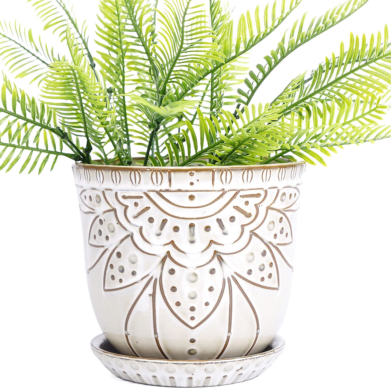 Photo 1 of VanEnjoy 5.9 inch Round Bohemian Style Ceramic Planter, Geometry Engrave Off White Brown Planter Flower Pot, Indoor Outdoor Decorative Planter
