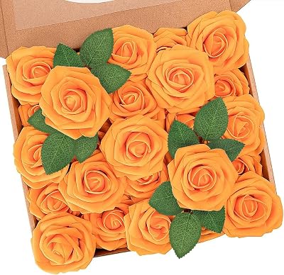 N&T NIETING Artificial Flowers Roses 25Pcs Real Touch Foam Orange with Stems