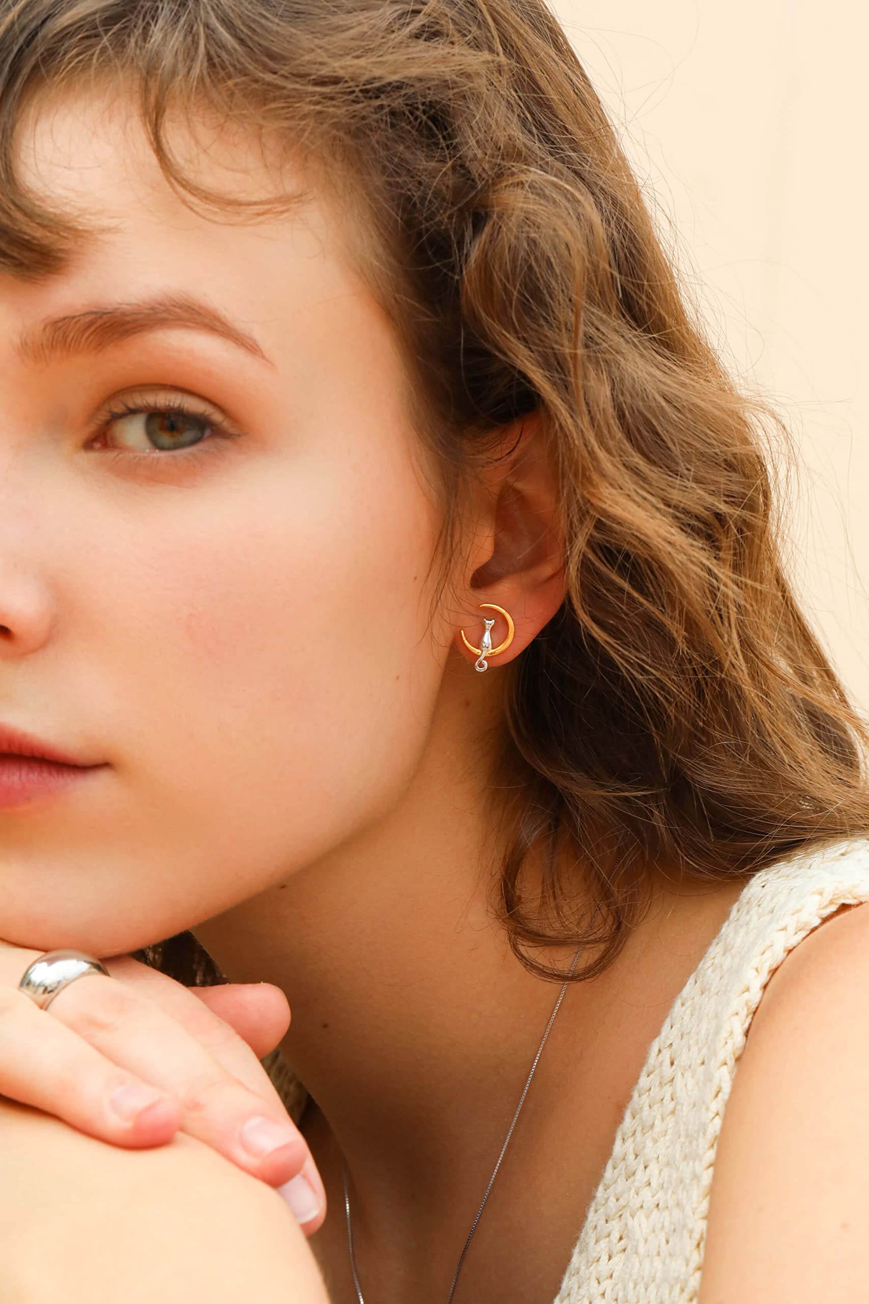 S.Leaf 18Karat Plated Cat Earrings for Women 925 Sterling Silver Hypoallergenic Cat Moon Stuff Lovers Jewelry for Women Trendy Birthday Friendship Anniversary Best Gifts for Women Her Party