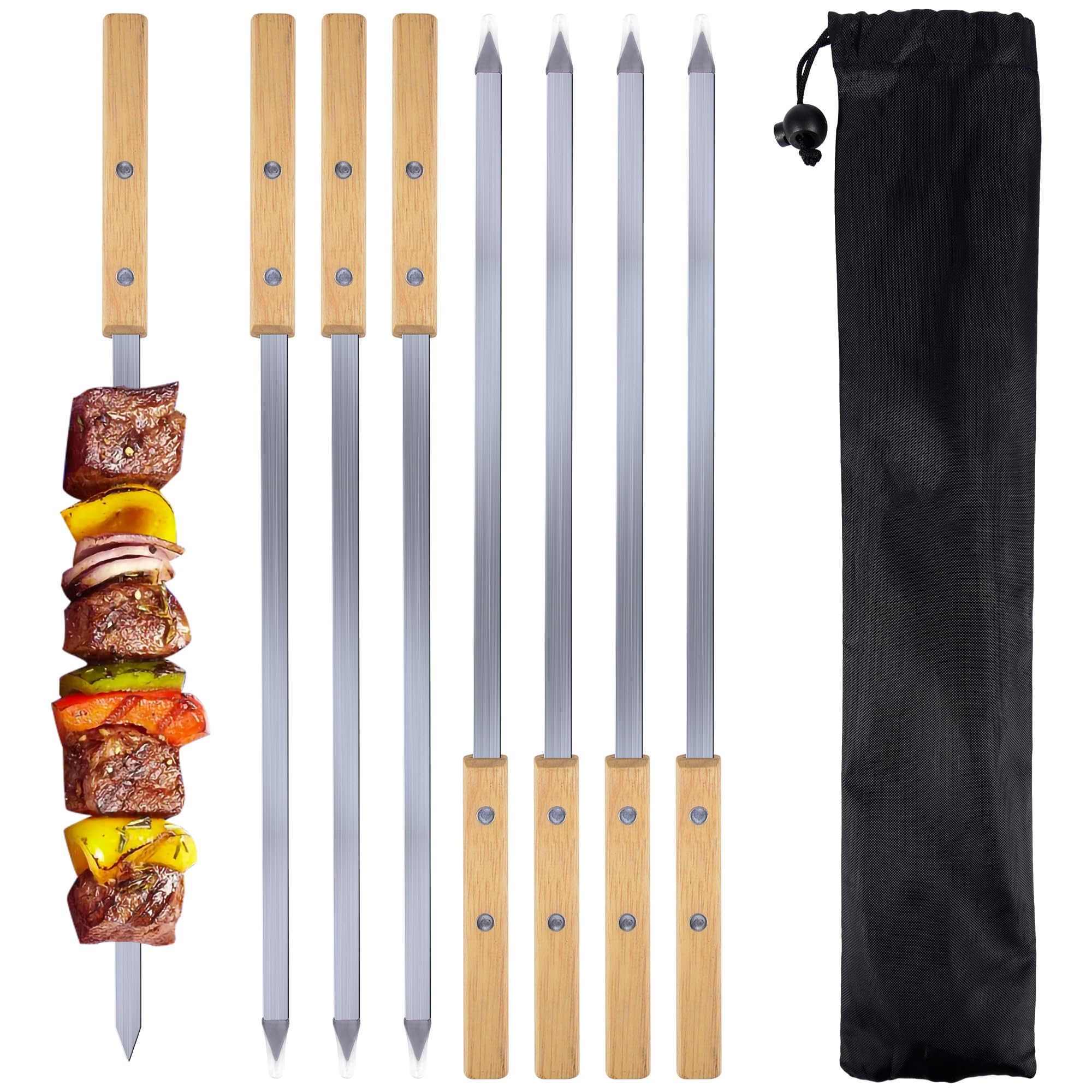 KEYIDO 42cm Turkish Adana Flat Kebab Skewers with Beech Wood Handles, 8 Pack Heavy Duty Stainless Steel Long Barbecue Skewers, Large Metal BBQ Skewers with Storage Bag (16.5")