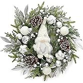 GarveeHome Pre-lit Christmas Wreath for Front Door, 22 in Large Lighted Christmas Gnome Wreath, Winter Wreath with Silver White Xmas Balls 30 Lights and Timer for Indoor Outdoor Holiday Decorations