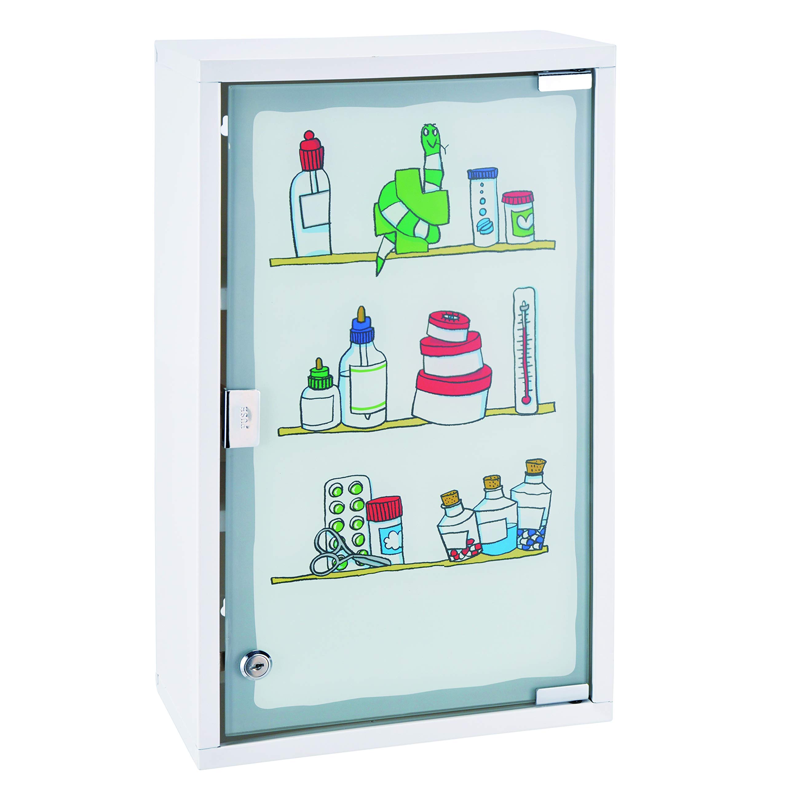 Haushalt International HI Medicine Cabinet Metal with Glass Door and Lock (Printed) in White - Medicine Cabinet for Medicine Storage, Lockable Cabinet, Wall Cabinet with Glass Door
