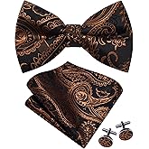 GUSLESON Mens Paisley Pre-Tied Bow Tie Handkerchief Jacquard Woven Adjustable Bowties Pocket Square Cufflinks Set