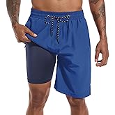 FT FENTENG Mens Swim Trunks with Compression Liner 9" Board Shorts 2 in 1 Quick Dry Bathing Suits with Zipper Pockets