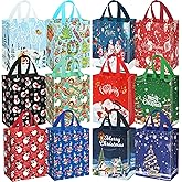 DECHISY 12Pack Small Christmas Gift Bags, Non-woven Reusable Xmas Bags,12 Different Style Christmas Tote Bags with Handles, Holiday Gift Bags for Xmas Presents, Kids, Party Favors
