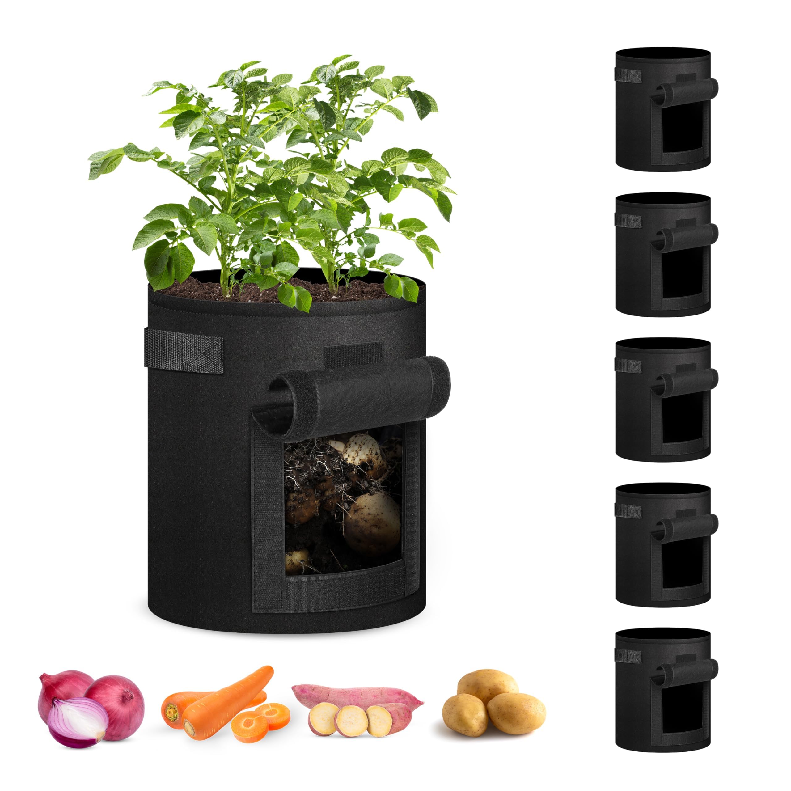 Photo 1 of iPower Potato Grow Bags with Flap 5 Gallon 5 Pack, Garden Planting Pot with Durable Handle and Harvest Window, Thickened Nonwoven Fabric Container for Potato, Tomato, Carrot, Vegetable and Fruits