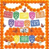 Day of The Dead Decorations Set 127 Pcs Dia De Los Muertos Ofrenda Decor | Marigold Garlands, Pre-Strung Papel Picado Banner, Artificial Marigold Flowers, 3D Butterflies for Day of The Dead Decor