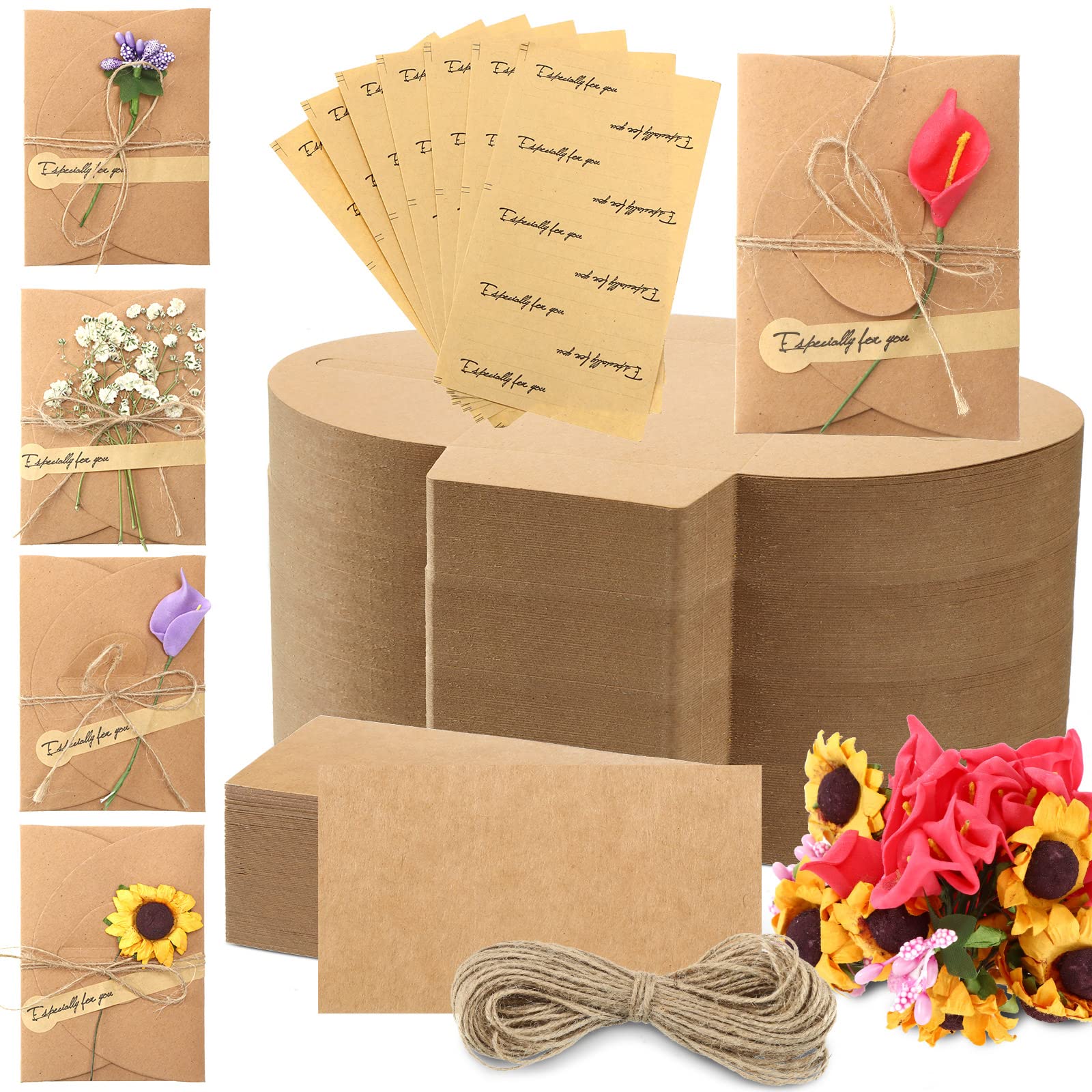 Photo 1 of 100 Set Artificial Wedding Flowers Mother's Day Thank You Greeting Card Kit DIY Blank Vintage Kraft Floral Holiday Cards Assorted Handmade Invitation Cards with Envelopes for Women Gifts Birthday