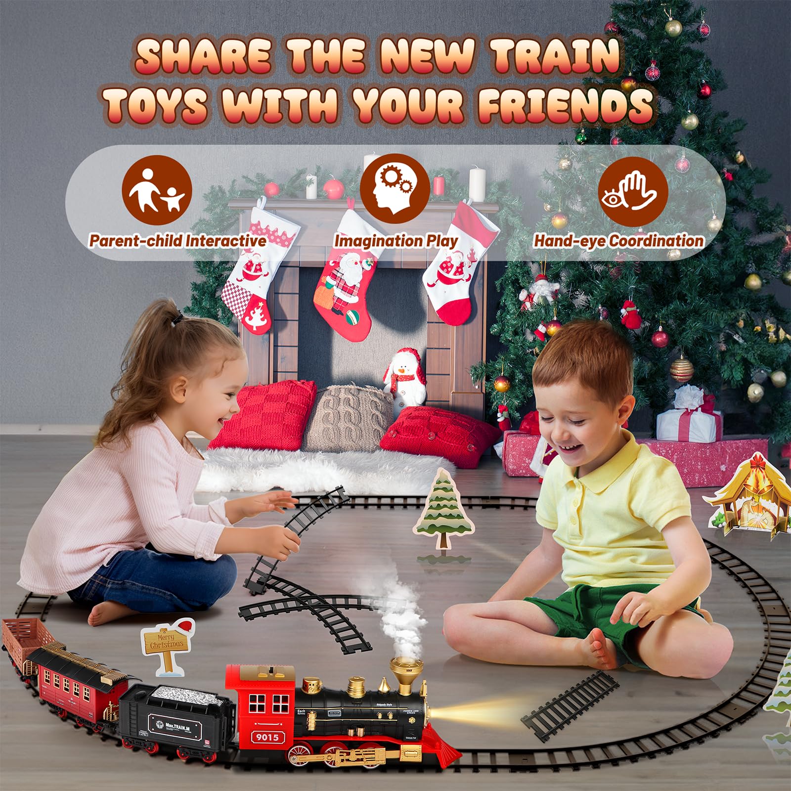 Hot Bee Train Set - Train Toys for Boys with Smokes, Lights and Sound, Toy Train Set for Under Christmas Tree, Toddler Model Trains for 3 4 5 6 7 8+ Years Old Kids Christmas Toys Gifts